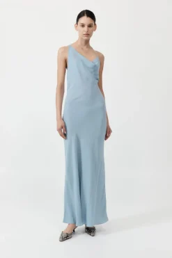 Shop ST. AGNI ASYMMETRICAL DRAPE MAXI DRESS StoneBlue