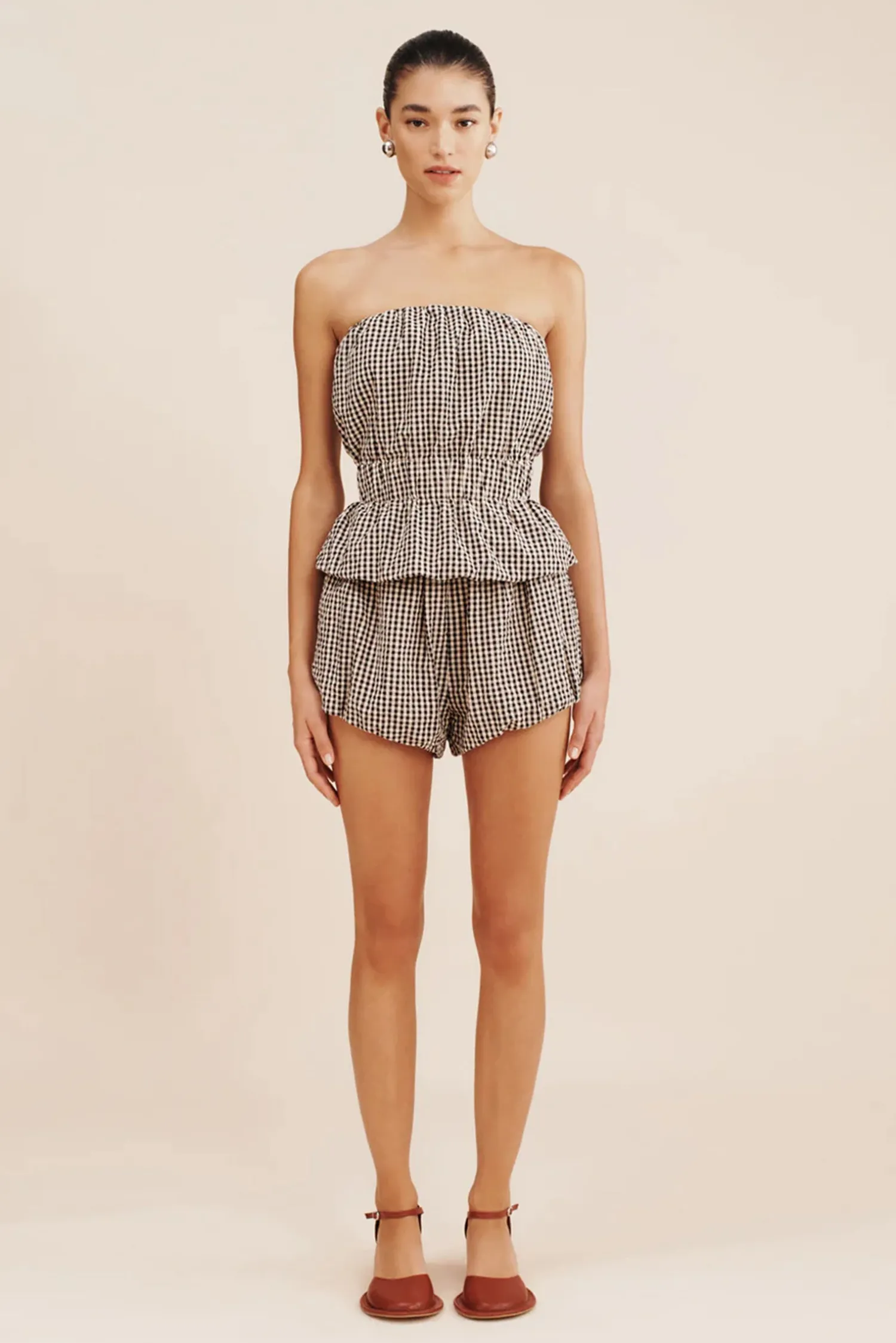 Hot POSSE AURELIA STRAPLESS TOP GinghamBlack&Cream