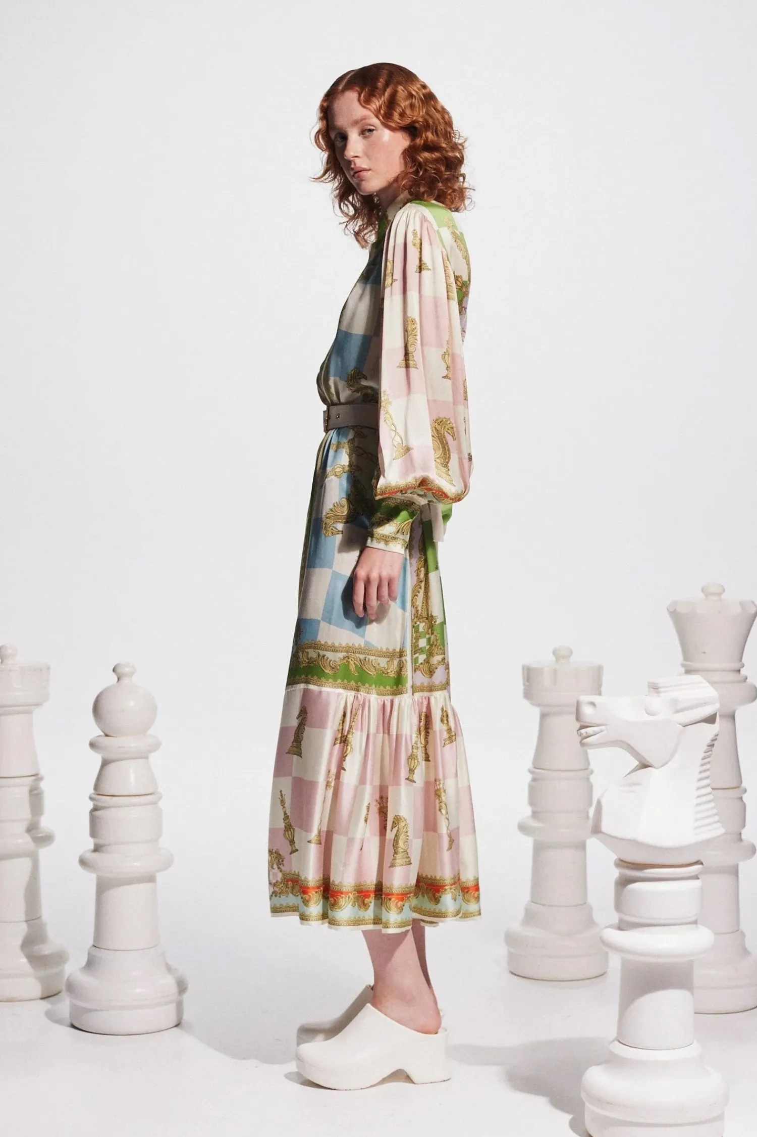 Shop ALÉMAIS CHECKMATE SILK SHIRTDRESS Multi
