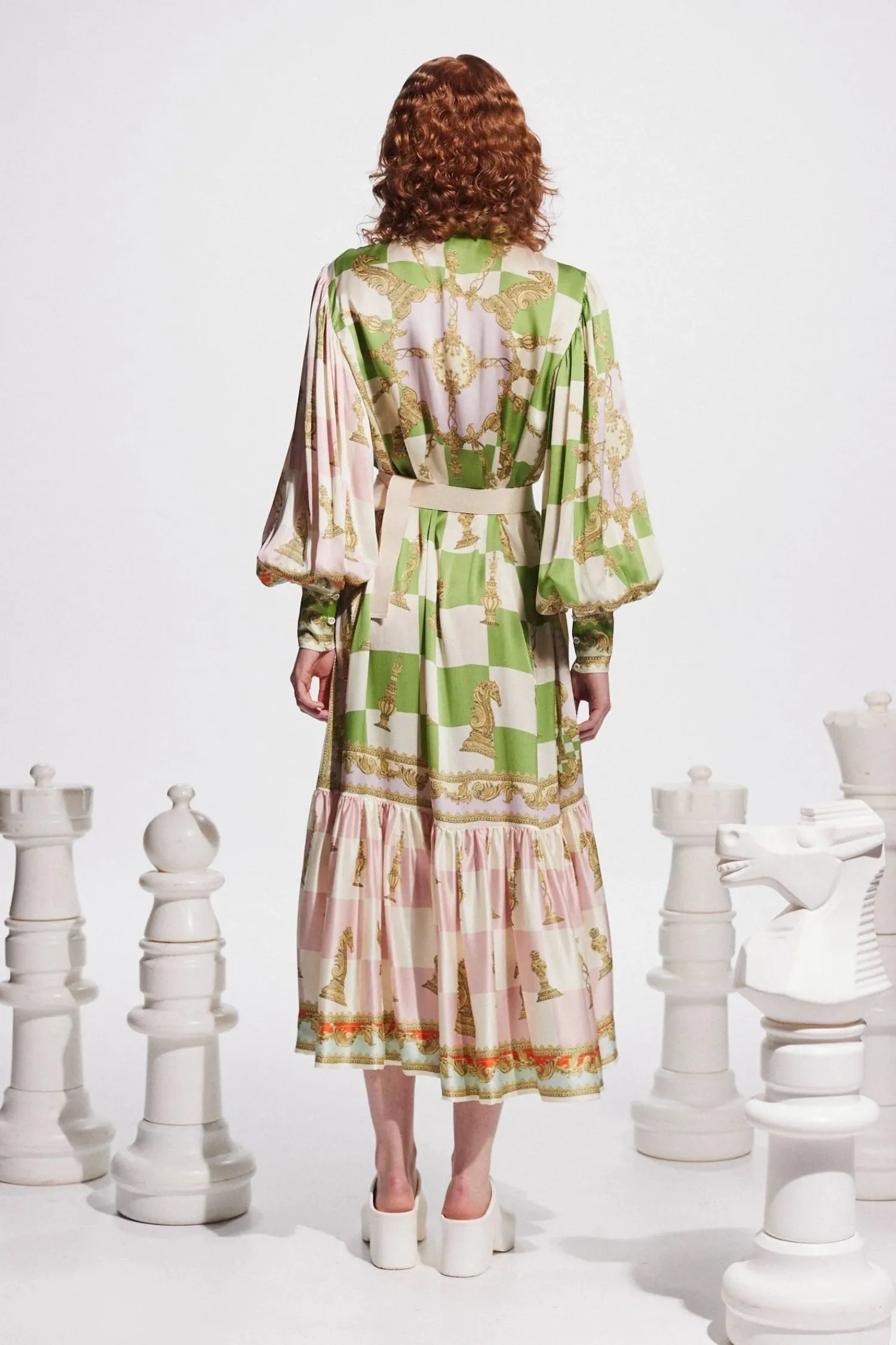 Shop ALÉMAIS CHECKMATE SILK SHIRTDRESS Multi