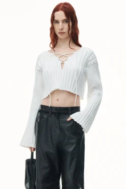 Flash Sale ALEXANDERWANG.T DROP SHOULDER CROPPED LS PULLOVER W/ LACING DETAIL White