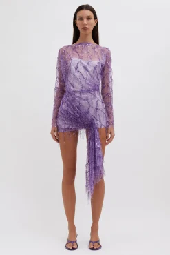 Shop CHRISTOPHER ESBER ENCASED BEADED IVY LACE L/S MINI DRESS Grape