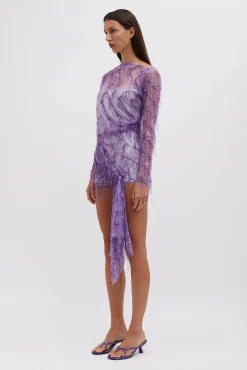 Shop CHRISTOPHER ESBER ENCASED BEADED IVY LACE L/S MINI DRESS Grape