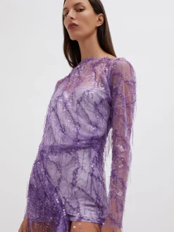 Shop CHRISTOPHER ESBER ENCASED BEADED IVY LACE L/S MINI DRESS Grape