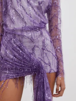 Shop CHRISTOPHER ESBER ENCASED BEADED IVY LACE L/S MINI DRESS Grape