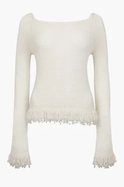 Fashion Paris Georgia FRINGE LONG SLEEVE TOP OffWhite