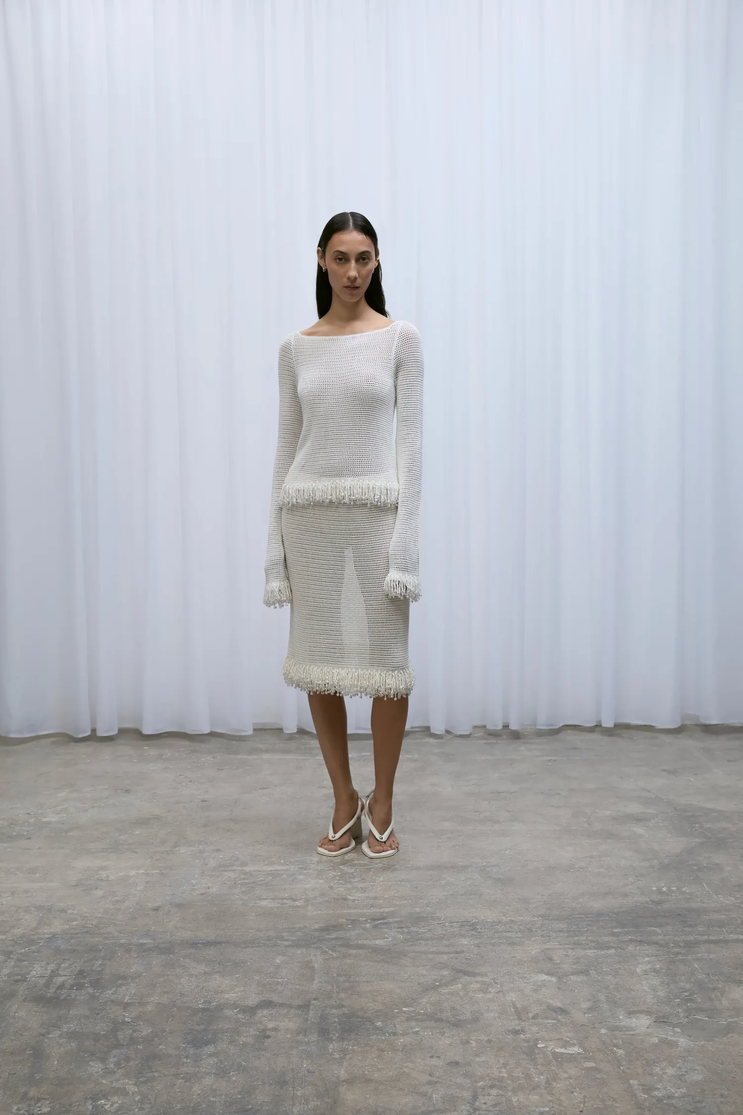 Fashion Paris Georgia FRINGE LONG SLEEVE TOP OffWhite