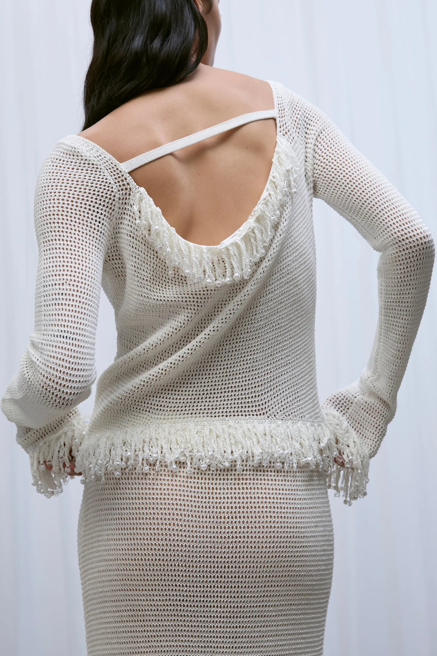 Fashion Paris Georgia FRINGE LONG SLEEVE TOP OffWhite