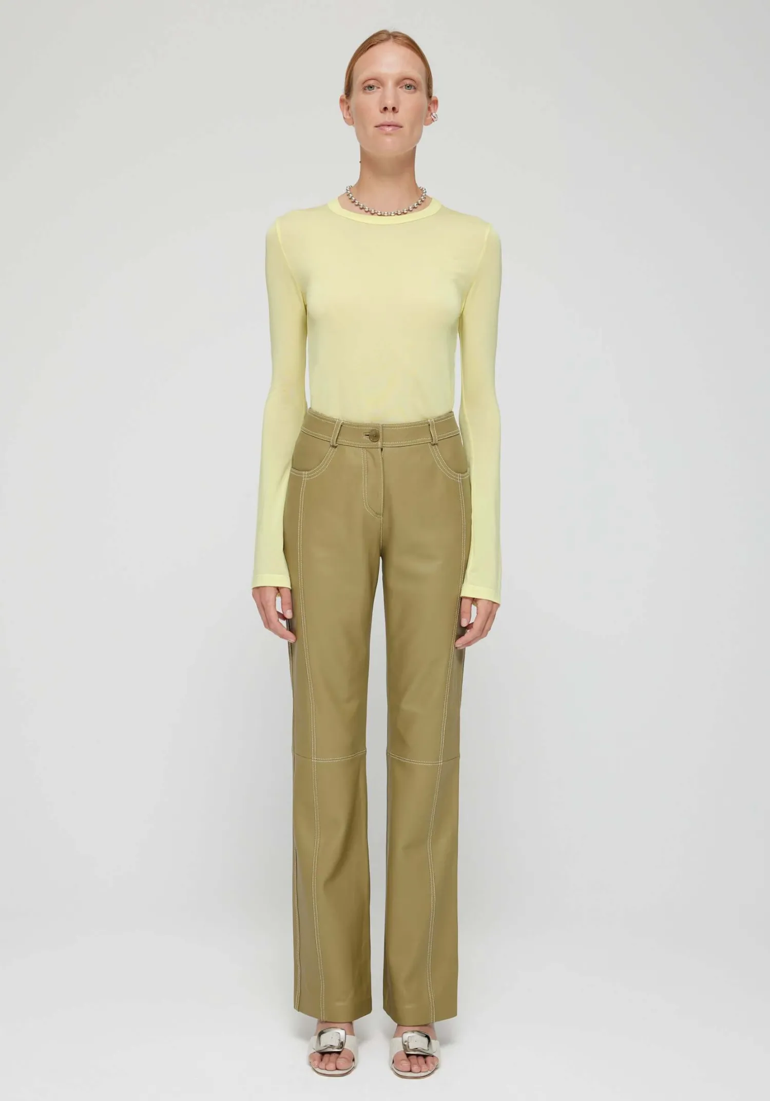Store RÓHE LEATHER CONTRAST STITCHED TROUSERS