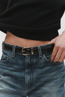 Cheap NILI LOTAN LOUISE BELT CROC BlackW/ShinyBrassBuckle