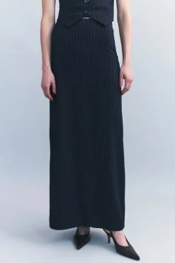 Discount COURTNEY ZHENG MILA WOOL COLUMN SKIRT NavyPinstripe