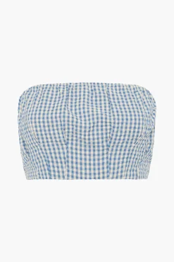 Cheap POSSE MIRA STRAPLESS CROP TOP GinghamBlue&Cream