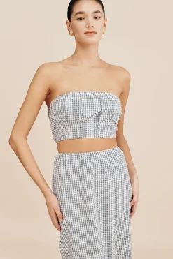 Cheap POSSE MIRA STRAPLESS CROP TOP GinghamBlue&Cream