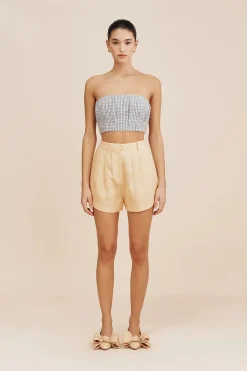 Cheap POSSE MIRA STRAPLESS CROP TOP GinghamBlue&Cream