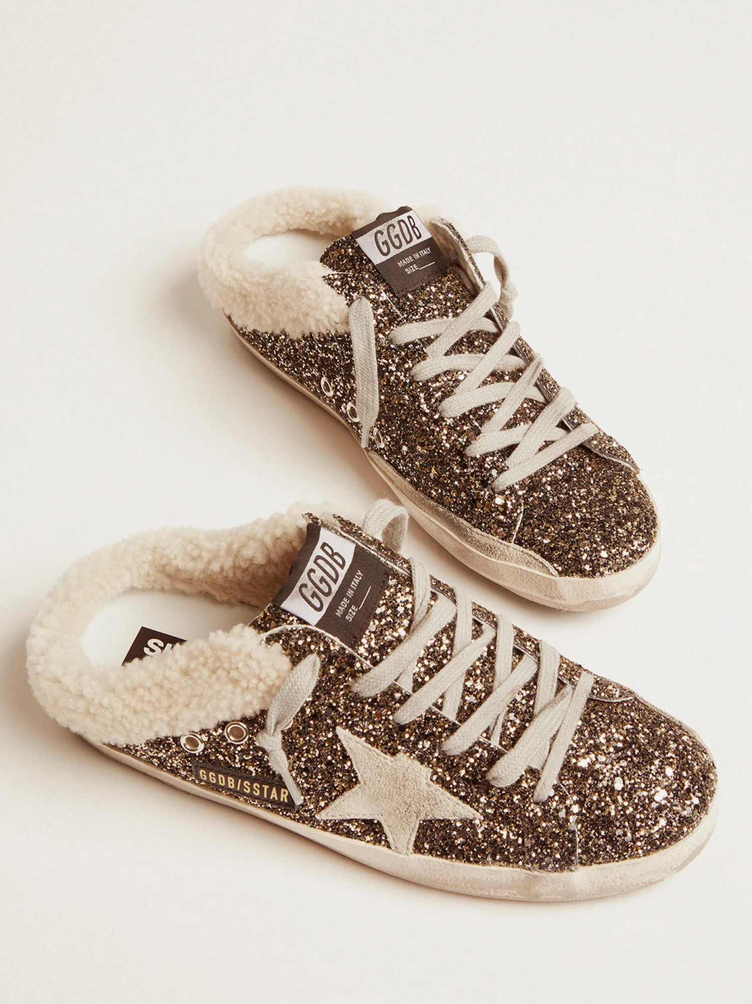 Sale GOLDEN GOOSE SUPERSTAR SABOT GLITTER SNEAKERS BLACKGOLD/BEIGE/ICE