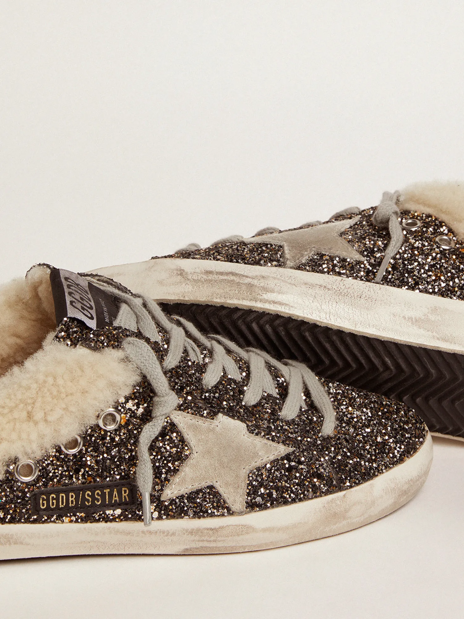Sale GOLDEN GOOSE SUPERSTAR SABOT GLITTER SNEAKERS BLACKGOLD/BEIGE/ICE