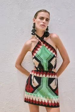 Discount JOHANNA ORTIZ TIDE STRENGTH MINI DRESS Green/Black/Paprika/Ecru