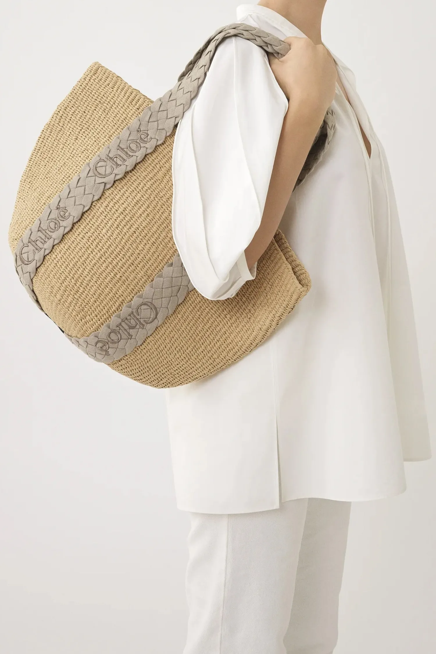 New CHLOÉ WOODY LARGE BASKET PastelGrey