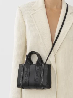 Best CHLOÉ WOODY MINI LEATHER TOTE WITH STRAP Black