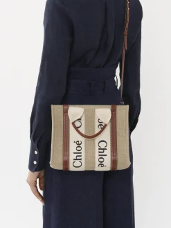 Clearance CHLOÉ WOODY SMALL TOTE WITH STRAP WhiteandBrown